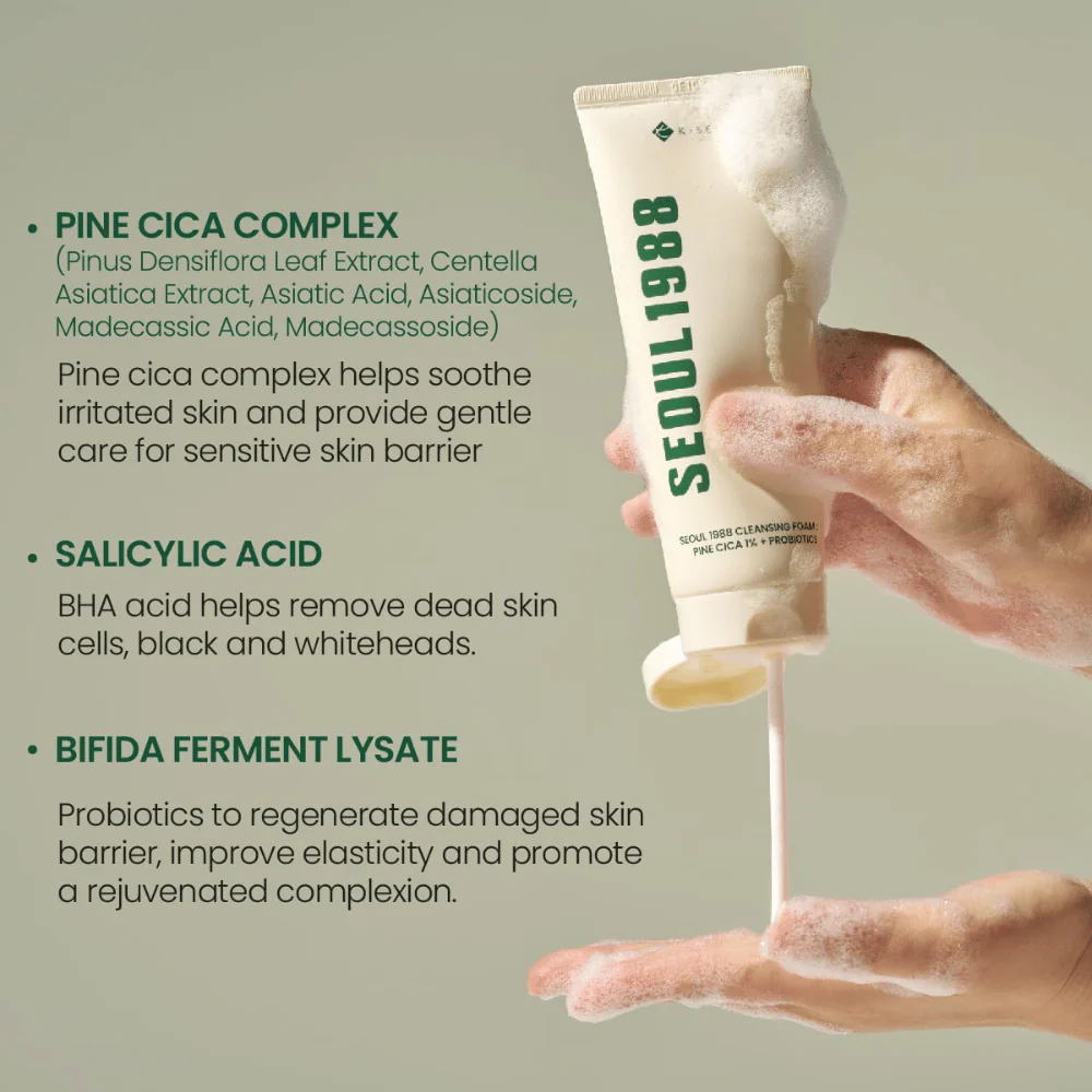 SEOUL 1988 Cleansing Foam : Pine Cica 1% + Probiotics 150ml - Image 2